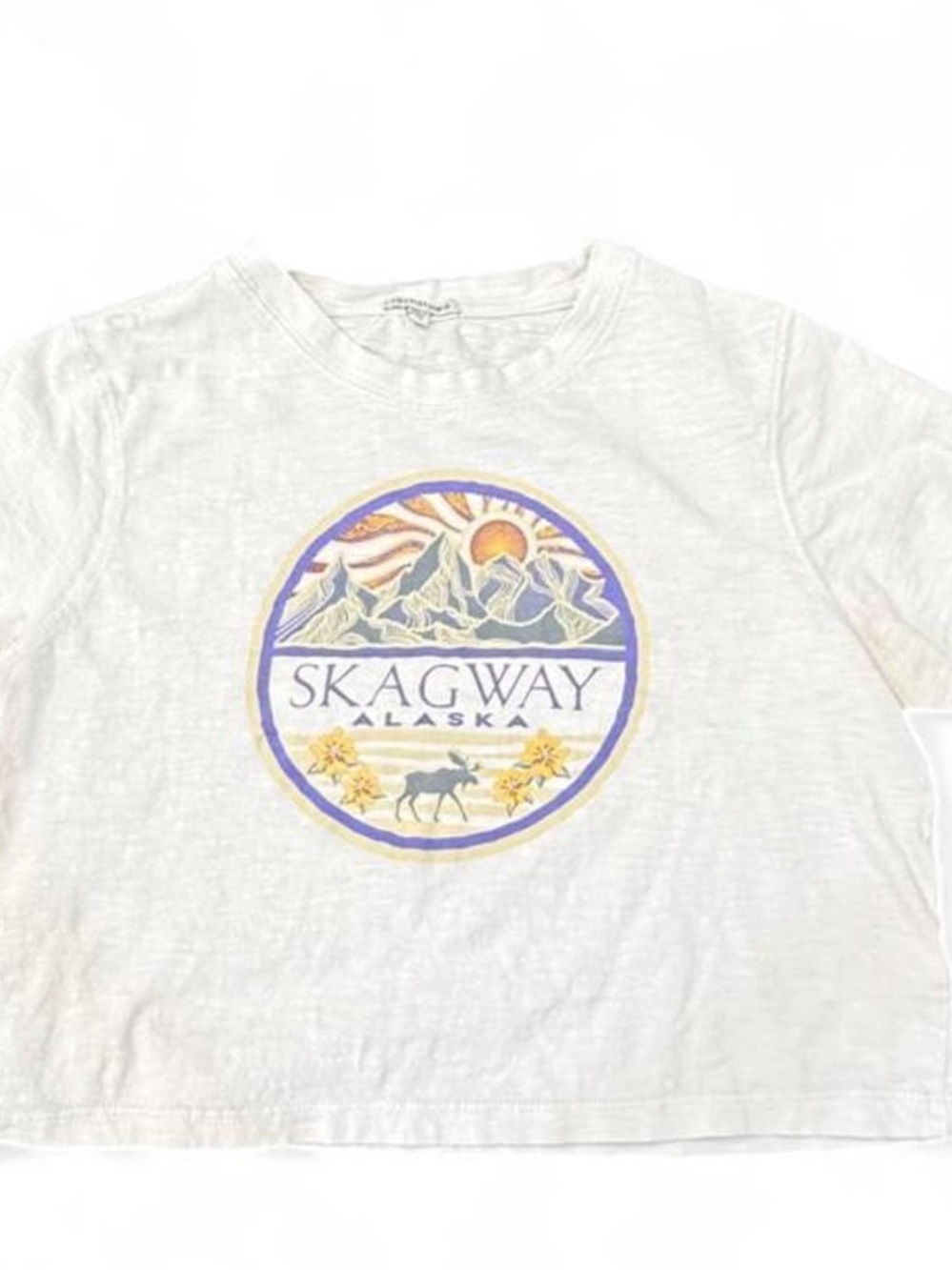White Graphic Crop Top with Skagway Alaska Print